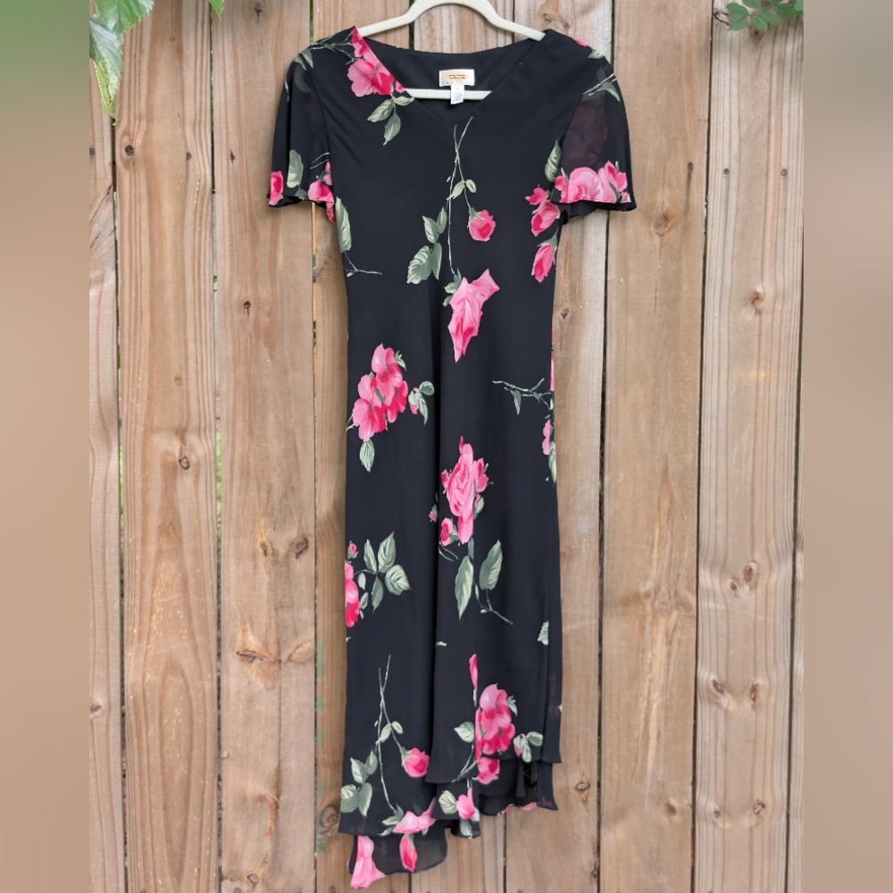 Vintage Talbot's Black Floral Asymmetrical Midi Dress